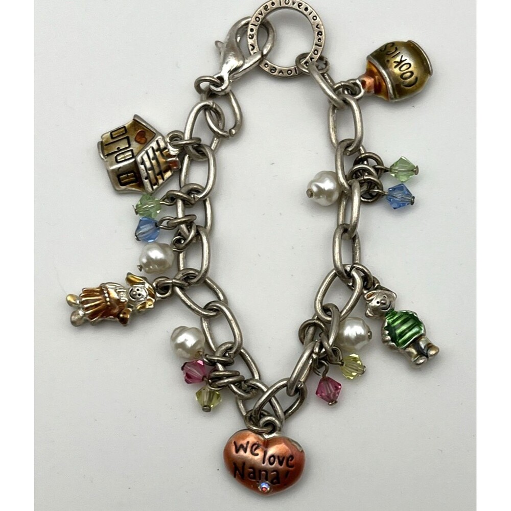 Vtg AJMC We Love Nana Charm Bracelet 7.5" Silver Tone Grandma Grandmother Family